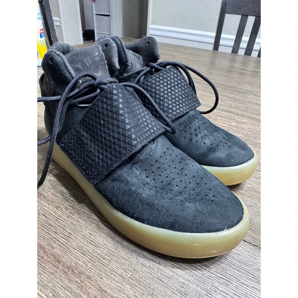 Adidas Tubular Invader Strap Mens Black Suede Gum Sole High Top Sneakers